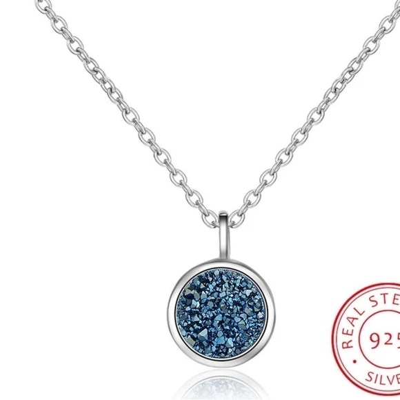 SIMPLE Blue Druzy Sterling Silver Chain Necklace Layering Necklace - Picture 1 of 8